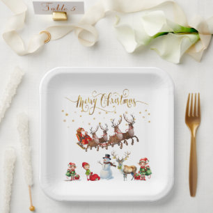 Santa Clause with reindeers pulling his sleigh Paper Plate