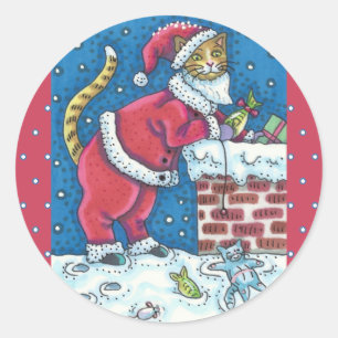 SANTA CLAWS CAT ON ROOFTOP BRINGING GIFTS, FUNNY CLASSIC ROUND STICKER