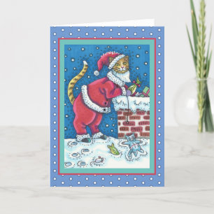 SANTA CLAWS CAT ON ROOFTOP BRINGING GIFTS, FUNNY HOLIDAY CARD