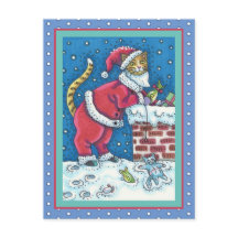 SANTA CLAWS CAT ON ROOFTOP BRINGING GIFTS, FUNNY