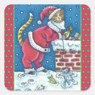 SANTA CLAWS CAT ON ROOFTOP BRINGING GIFTS, FUNNY SQUARE STICKER