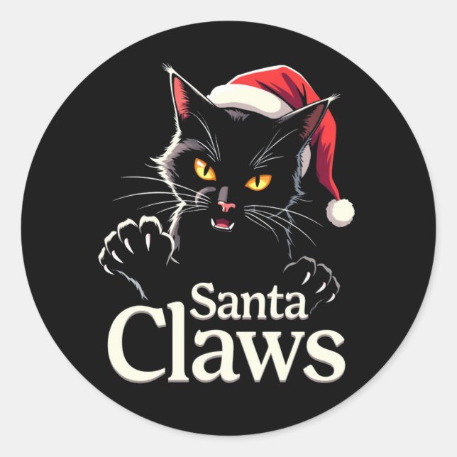 Santa Claws – Funny Black Cat Christmas Design Classic Round Sticker (Front)
