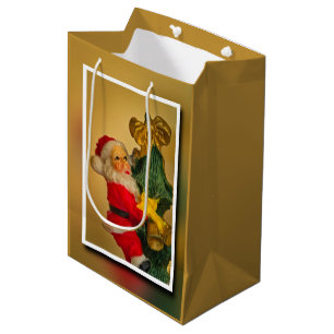 Santa Climbing the Christmas Tree Vintage Gold Art Medium Gift Bag