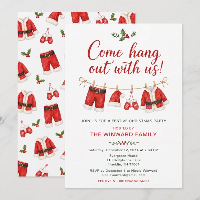 Santa Clothesline Christmas Party Invitation (Front/Back)