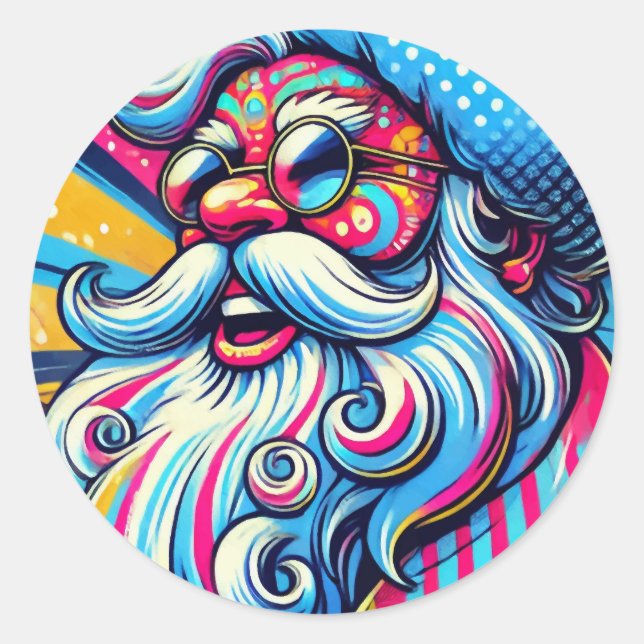 Santa Colourful Pop Art Christmas Holiday Party Classic Round Sticker (Front)