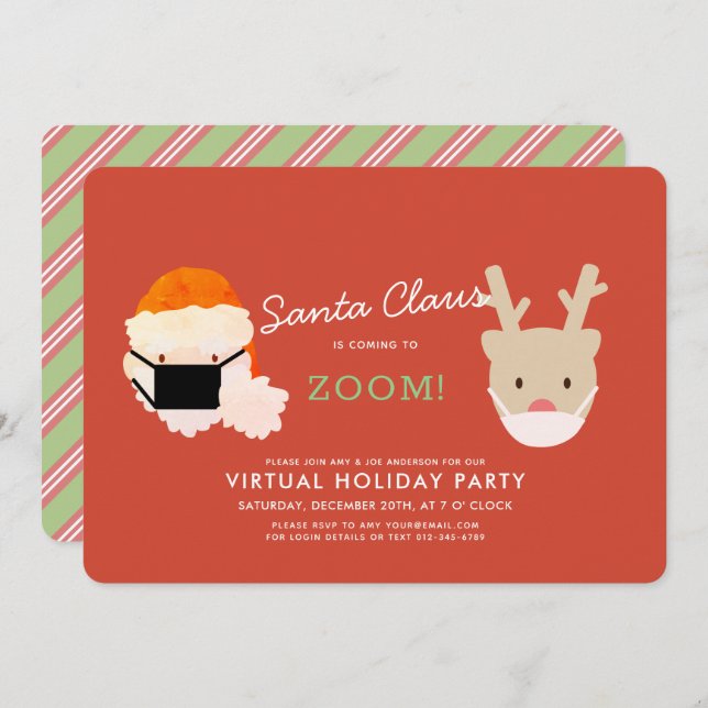 Santa Coming to Zoom Red Virtual Holiday Party I Invitation (Front/Back)