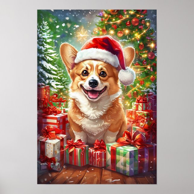 Santa Corgi Christmas Canvas Wall Art Poster (Front)