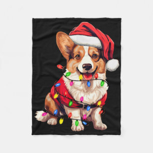 Santa Corgi Dog Christmas Lights Xmas Pajama Dog L Fleece Blanket