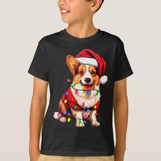 Santa Corgi Dog Christmas Lights Xmas Pajama Dog L T-Shirt (Front)