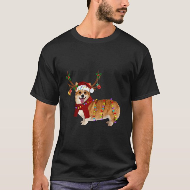 Santa Corgi Reindeer Light Christmas T-Shirt (Front)
