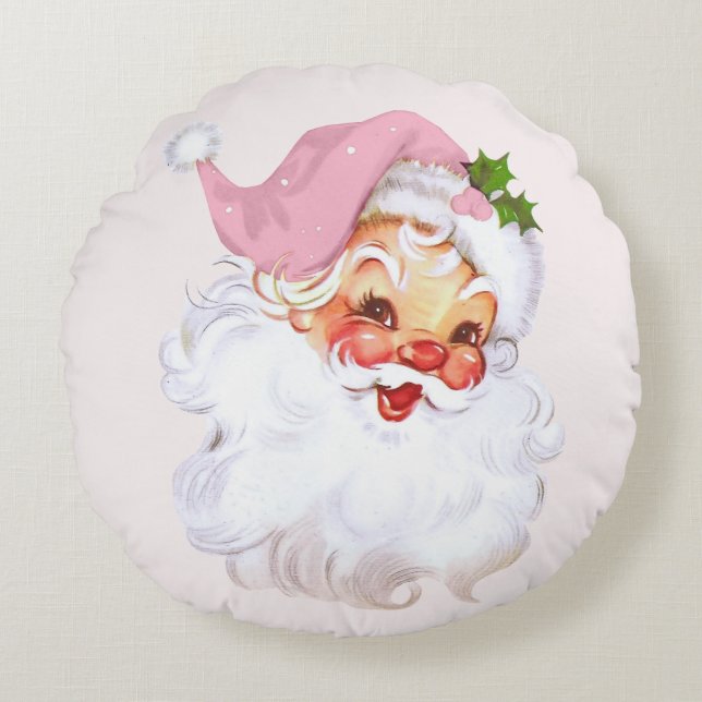 Santa Cottage Chic Pink Christmas Round Pillow (Front)
