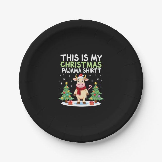 Santa Cow Xmas Tree Lights This Is My Christmas Pa Paper Plate (Front)
