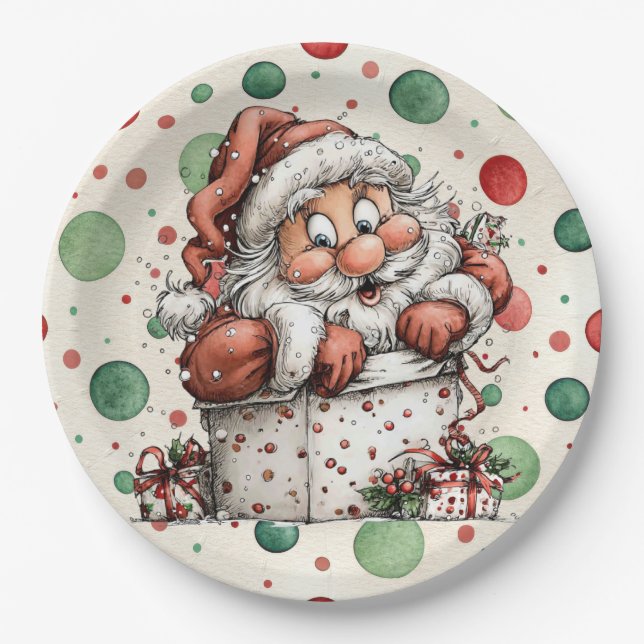 Santa Crawling Out of Gift Box Paper Plate (Front)