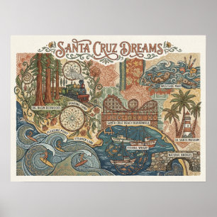 Santa Cruz California Dreams Map UCSC Surfing Poster