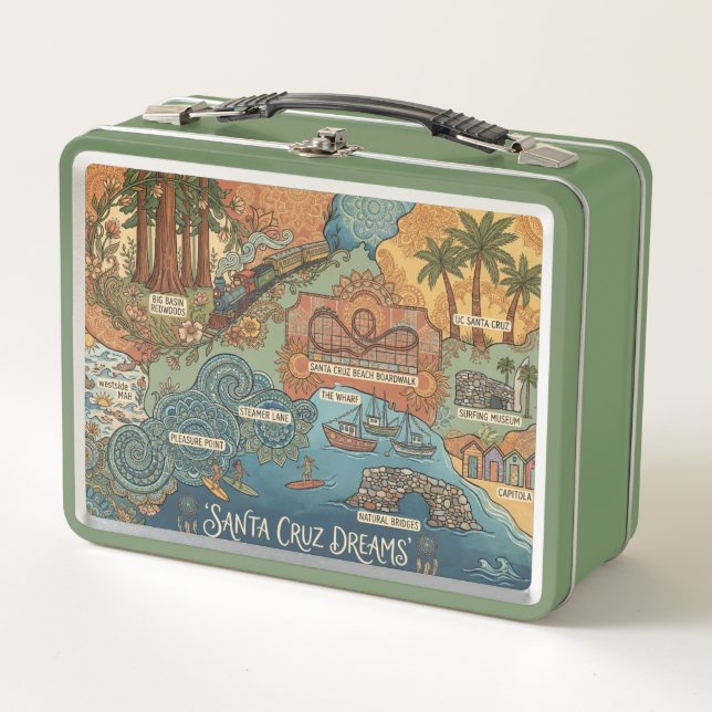 Santa Cruz California Dreams Map – Vibrant Coast Metal Lunch Box (Front)