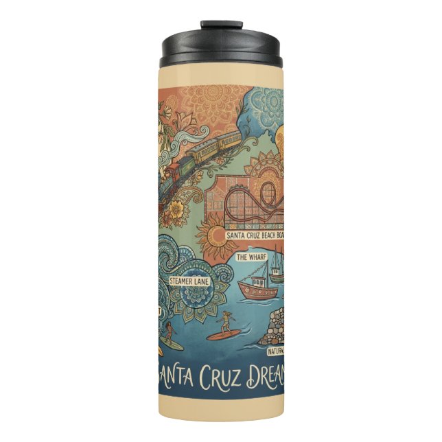 Santa Cruz California Dreams Map – Vibrant Coast Thermal Tumbler (Front)