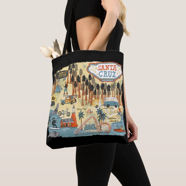 Santa Cruz California Illustrated Map Black Tote Bag (Close Up)