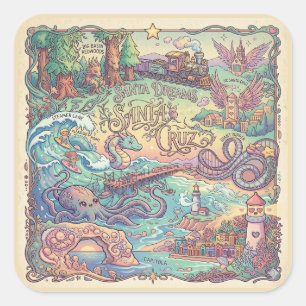Santa Cruz California Illustrated Map Dreamscape  Square Sticker