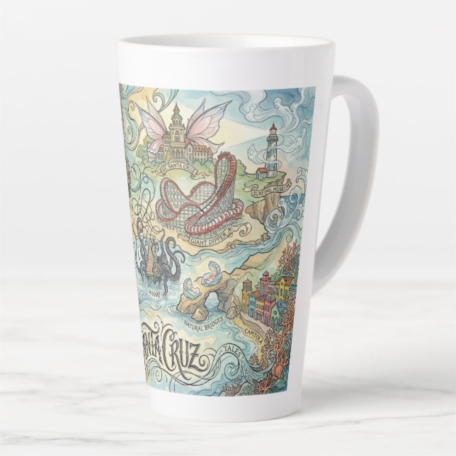 Santa Cruz California Illustrated Map Mythical Latte Mug (Right Angle)