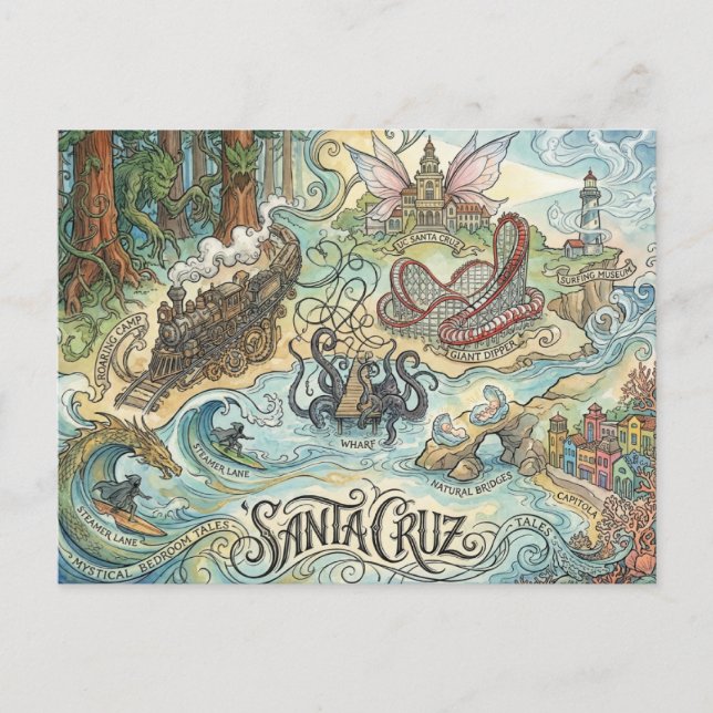 Santa Cruz California Illustrated Map Mythical Postcard (Front)