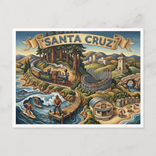 Santa Cruz California Illustrated Map UCSC Wharf Postcard