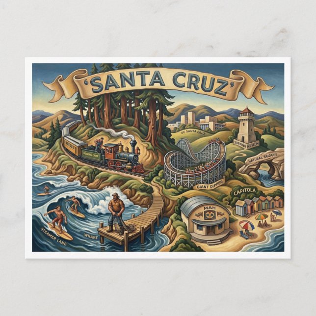 Santa Cruz California Illustrated Map UCSC Wharf Postcard (Front)