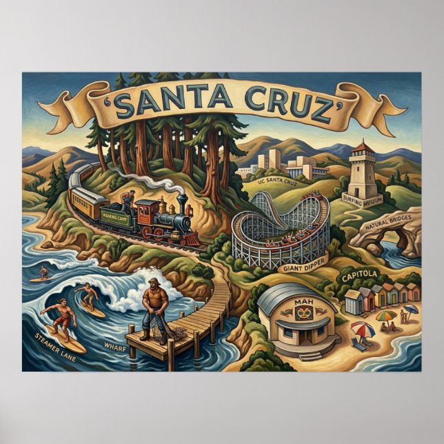 Santa Cruz California Illustrated Map UCSC Wharf Poster (Front)