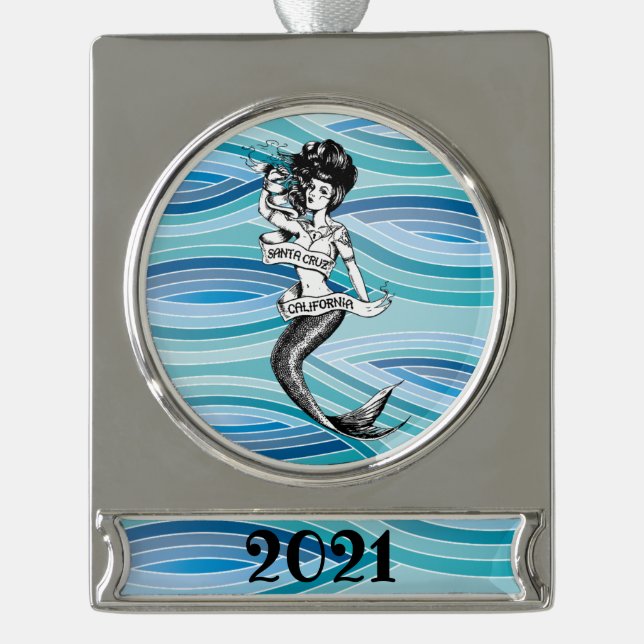 Santa Cruz California Mermaid  2021 Silver Plated Banner Ornament (Front)