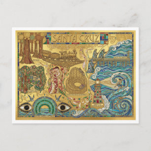 Santa Cruz California Mosaic Map Boardwalk Beach Postcard