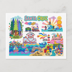 Santa Cruz Illustrated Map Boardwalk Beach Surfing Postcard