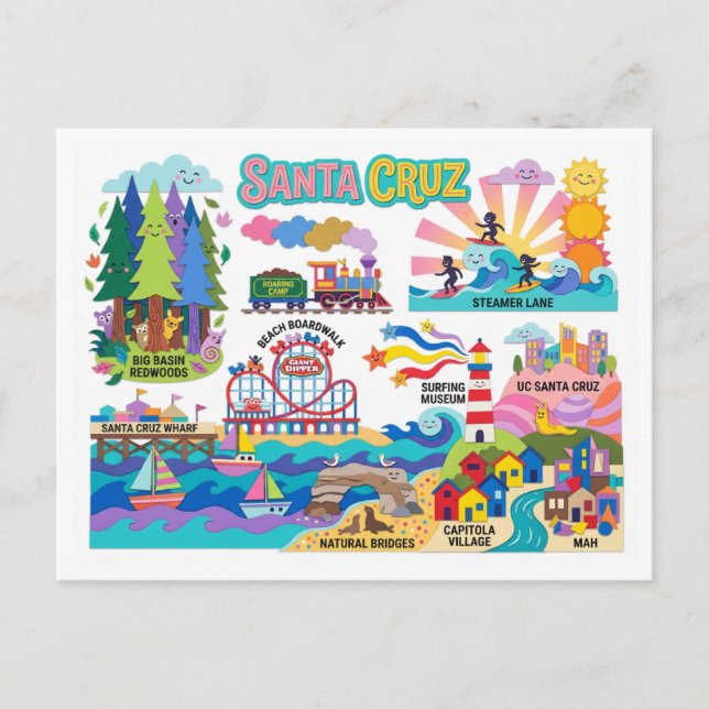 Santa Cruz Illustrated Map Boardwalk Beach Surfing Postcard (Front)