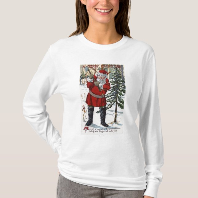 Santa Cutting Down Christmas Tree T-Shirt (Front)