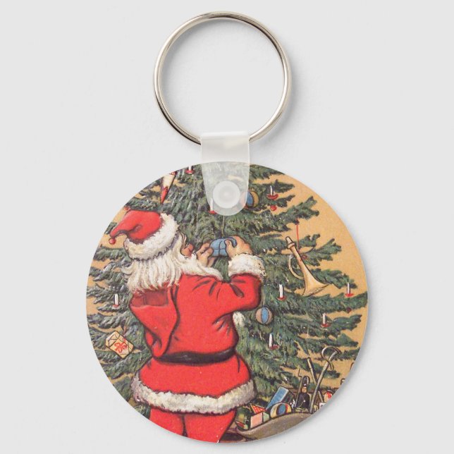 Santa Decorating Christmas Tree Key Ring (Front)