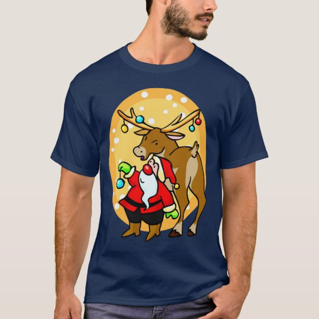 Santa decorating Reindeer T-Shirt (Front)