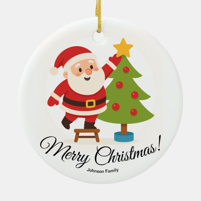 Santa Decorating Tree Personalized Family Name Ceramic Tree Decoration (Back)