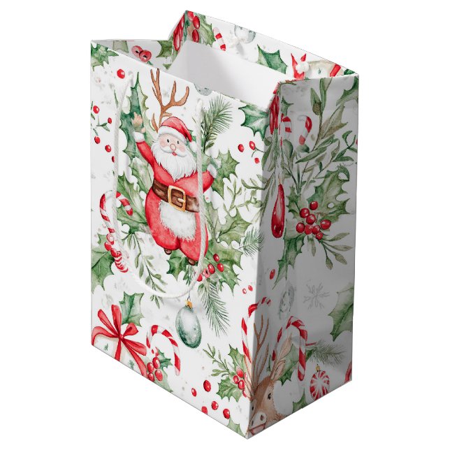 Santa Deer Baubles Holly Christmas  Medium Gift Bag (Back Angled)