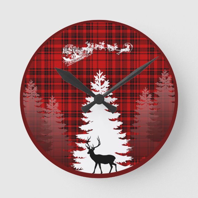 santa deer christmas tree red chequered plaid round clock (Front)