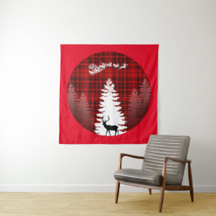 santa deer christmas tree red chequered plaid tapestry