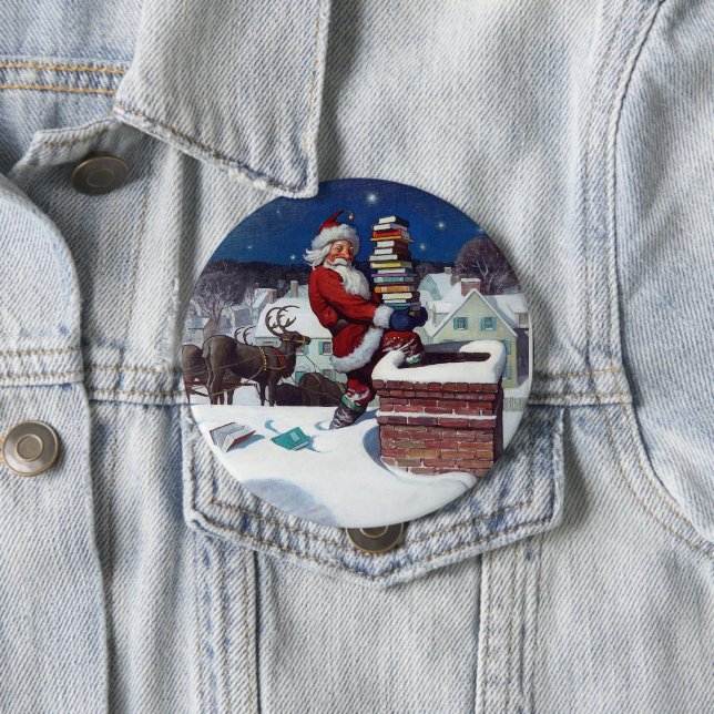 Santa delivering armload of books by Wyeth, 10 Cm Round Badge (In Situ)