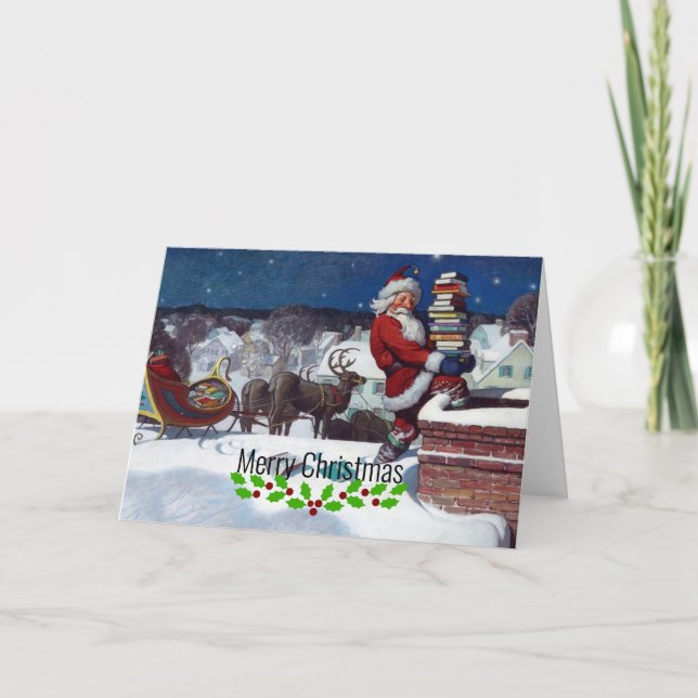 Santa delivering armload of books by Wyeth Card (Front)