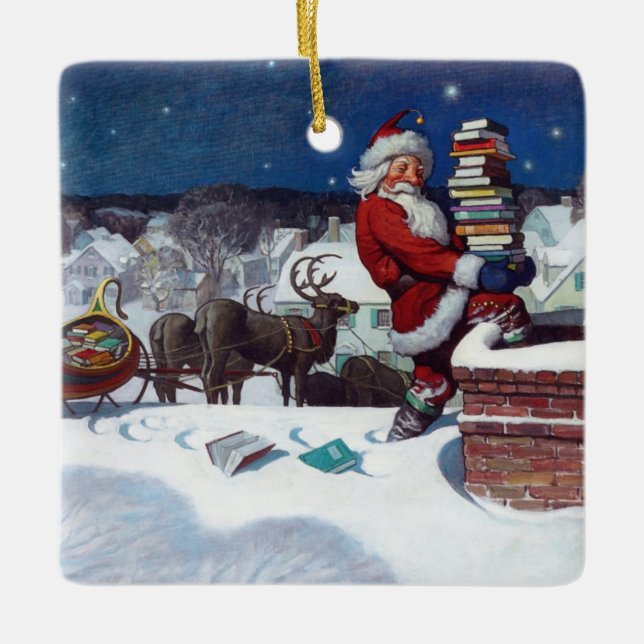 Santa delivering armload of books by Wyeth Ceramic Ornament (Front)