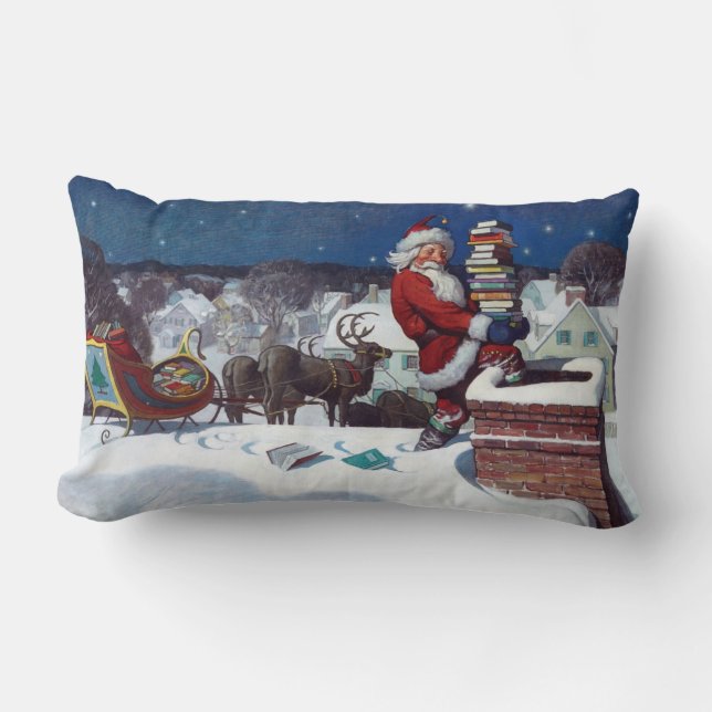 Santa delivering armload of books by Wyeth Lumbar Cushion (Front)