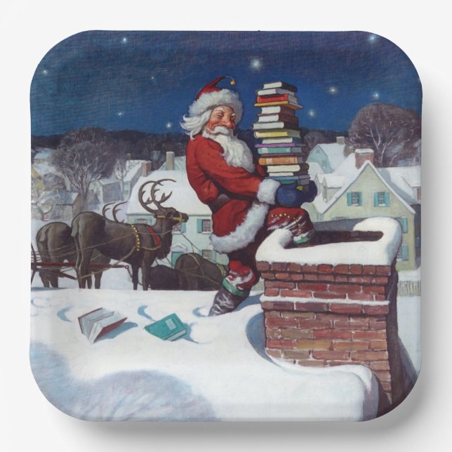 Santa delivering armload of books by Wyeth Paper Plate (Front)