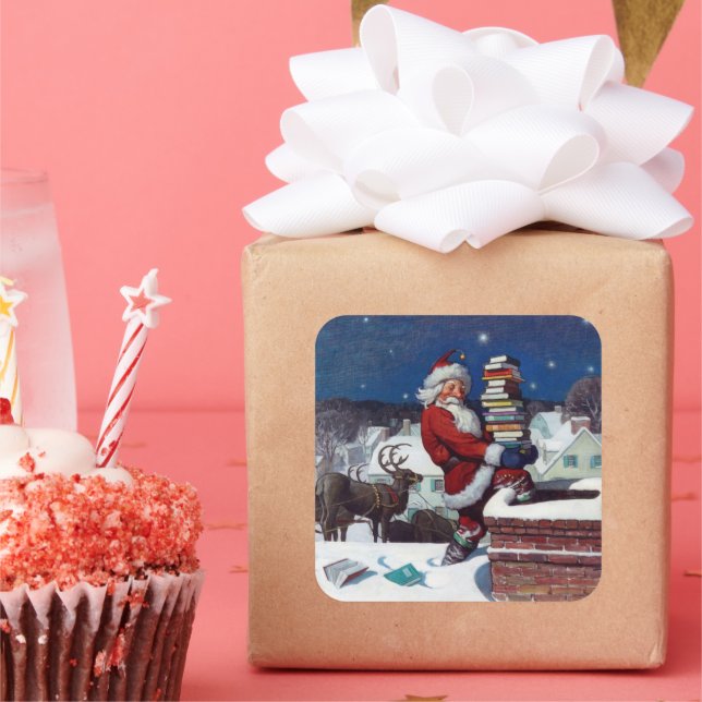 Santa delivering armload of books by Wyeth Square Sticker (Party)