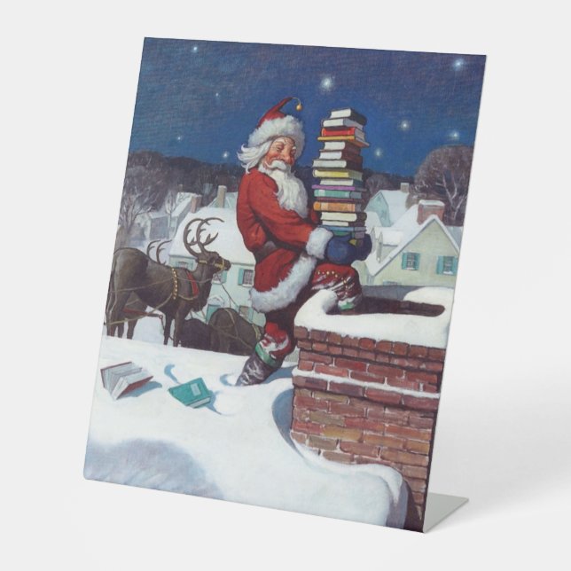 Santa Delivering Books at Christmas, Pedestal Sign (Front)