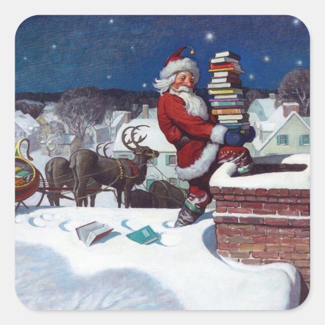 Santa Delivering Books at Christmas, Square Sticker (Front)