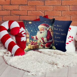 Santa Delivering Christmas Gifts   Mum & Dad Blue Cushion