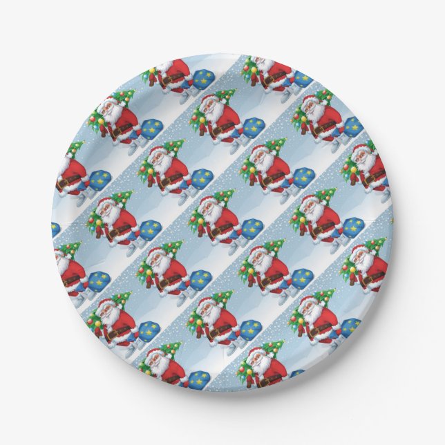 Santa Delivering Christmas Pattern Paper Plate (Front)