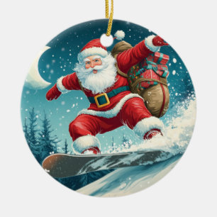 Santa delivering Christmas presents on a snowboard Ceramic Tree Decoration