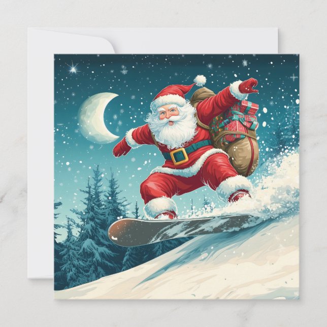 Santa delivering Christmas presents on a snowboard Holiday Card (Front)